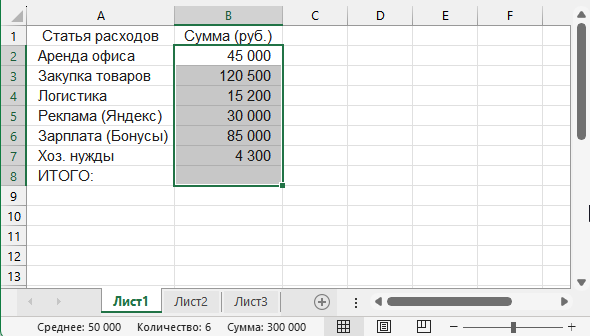 Строка состояния Excel внизу экрана показывает сумму выделенных ячеек без формул