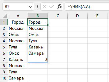 Работа функции УНИК в Excel: формула =УНИК(диапазон) создает список без повторов