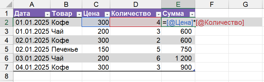 Формула со структурированными ссылками в Excel