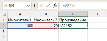 Структура формулы в Excel на примере A2 умножить на B2