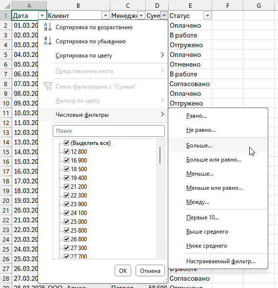 Меню фильтра в Excel: Числовые фильтры и пункт Больше