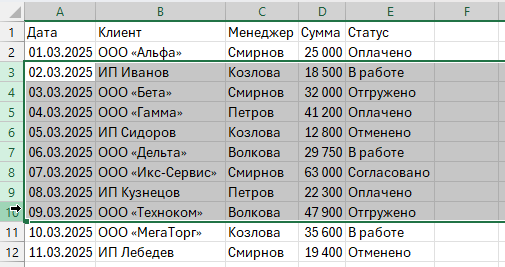 Выделение нескольких строк подряд в Excel через Shift: подсвечен блок строк