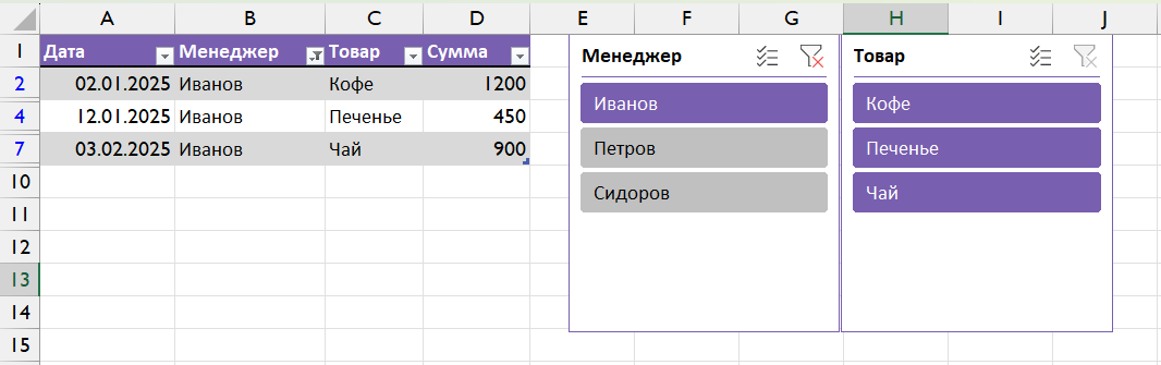 Использование срезов (Slicers) для фильтрации умной таблицы