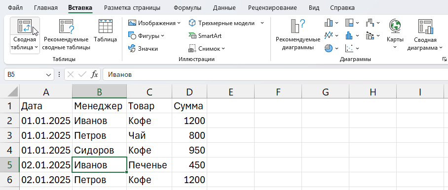 Меню Вставка сводной таблицы в Excel