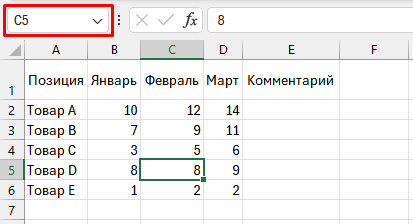 Поле имени в Excel показывает адрес активной ячейки