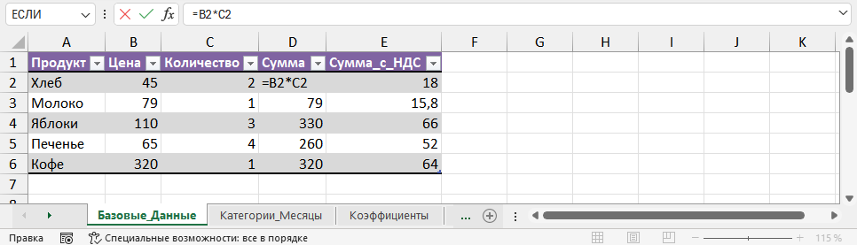 Лист «Базовые_Данные» в Excel: таблица с продуктами, ценой, количеством и столбцом «Сумма», где формула B2*C2 копируется вниз как относительная ссылка.