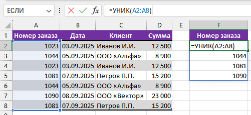 Пример применения функции УНИК для создания уникального списка по диапазону