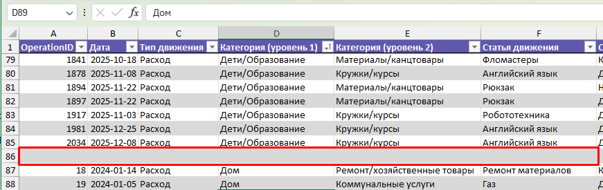 Пустые строки внутри диапазона данных в Excel