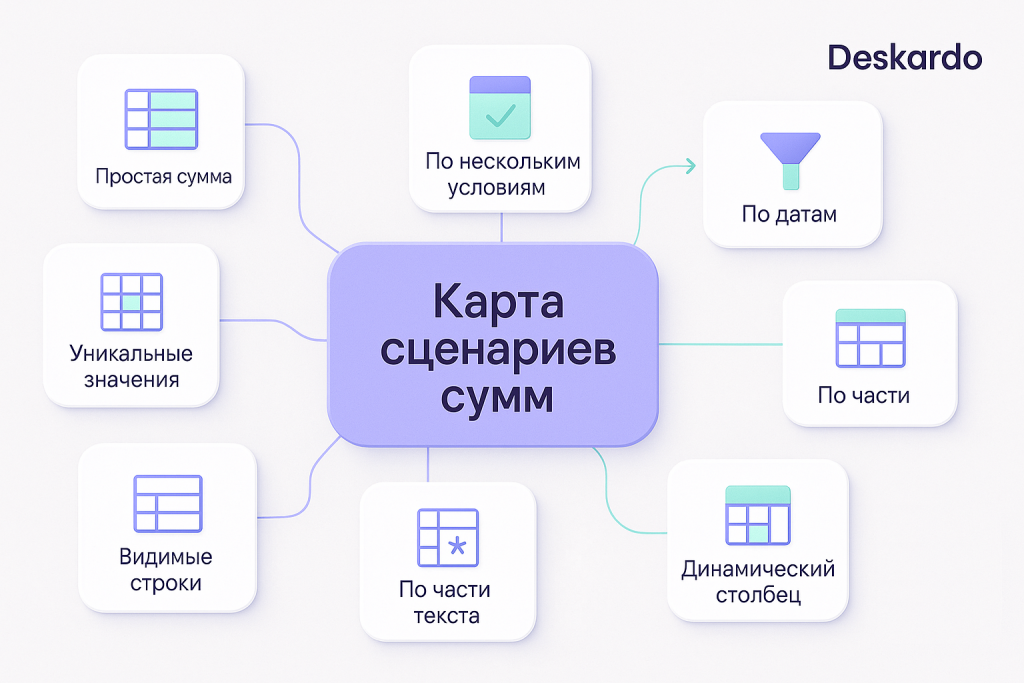 Карта сценариев сумм в Excel: восемь блоков с разными типами сумм и стрелками от центрального элемента